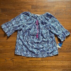 Milly Blue and White Pattern Peasant Top NWT